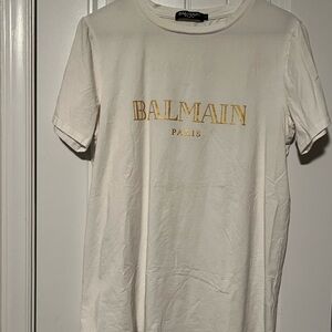 Balmain Cream Tee with Gold Lettering